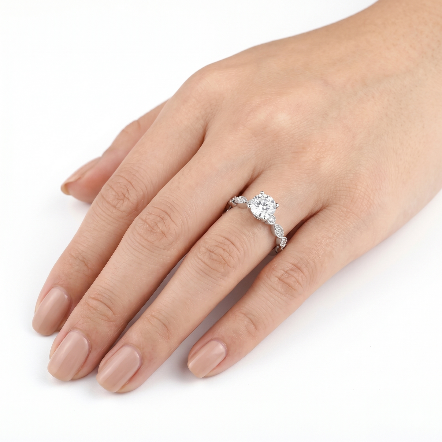 Silver or Gold Antique Milgrain Moissanite Engagement Ring 1ct