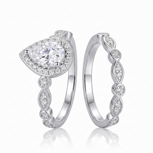 Silver or Gold Halo Pear Cut Moissanite Engagement Rings 1ct