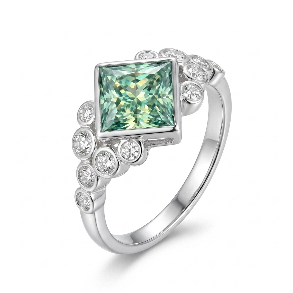 Silver Or Gold Green Princess Cut Moissanite Ring (Engagement) 1ct