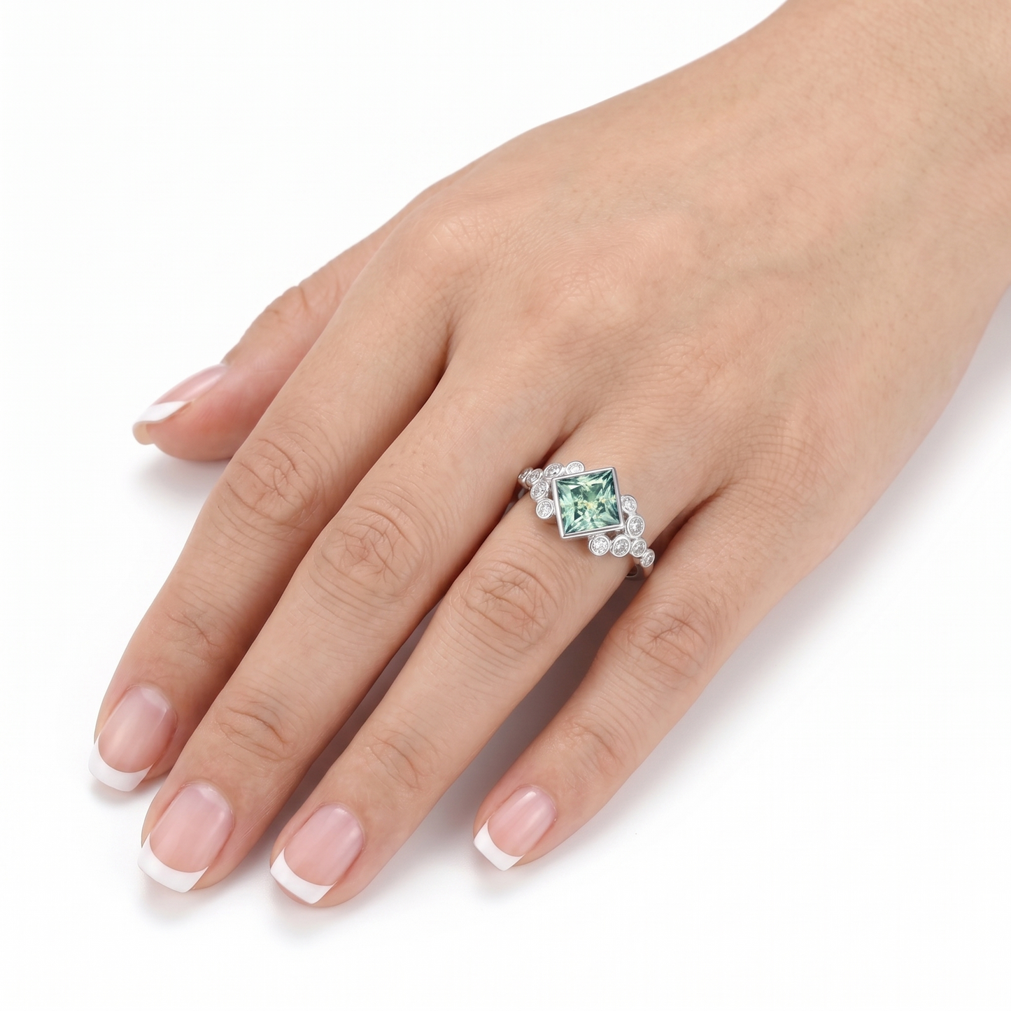 Silver Or Gold Green Princess Cut Moissanite Ring (Engagement) 1ct