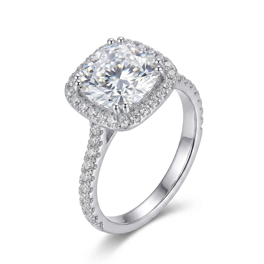 White Gold Cushion Cut Halo Engagement Ring 5ct