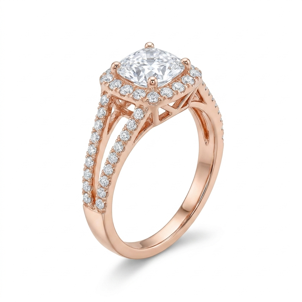 Rose Gold Halo Moissanite Engagement Ring 1ct