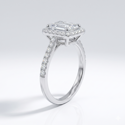 Silver or Gold Moissanite Emerald Cut Engagement Ring With Halo 1 Ct