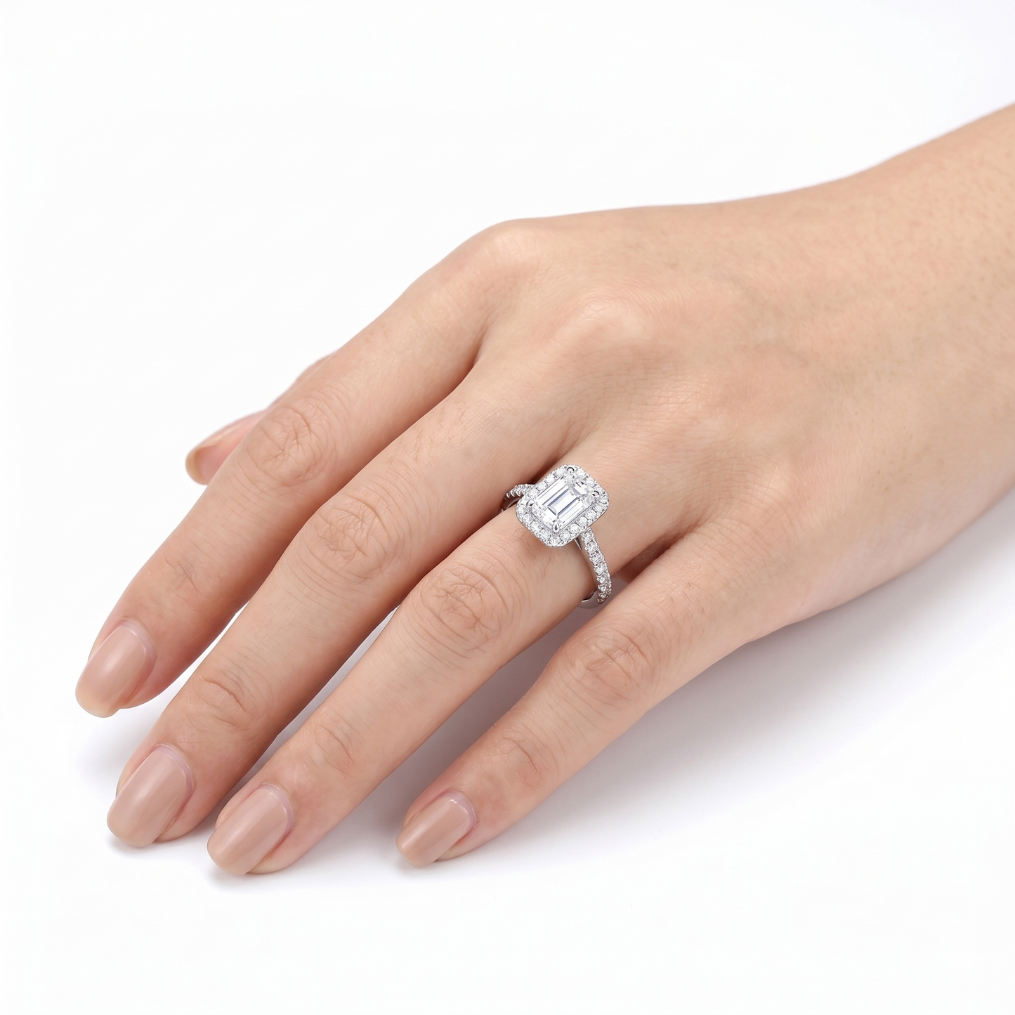Silver or Gold Moissanite Emerald Cut Engagement Ring With Halo 1 Ct