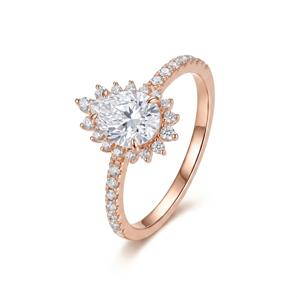 Rose Gold Pear Shaped Moissanite Halo Engagement Ring 1ct