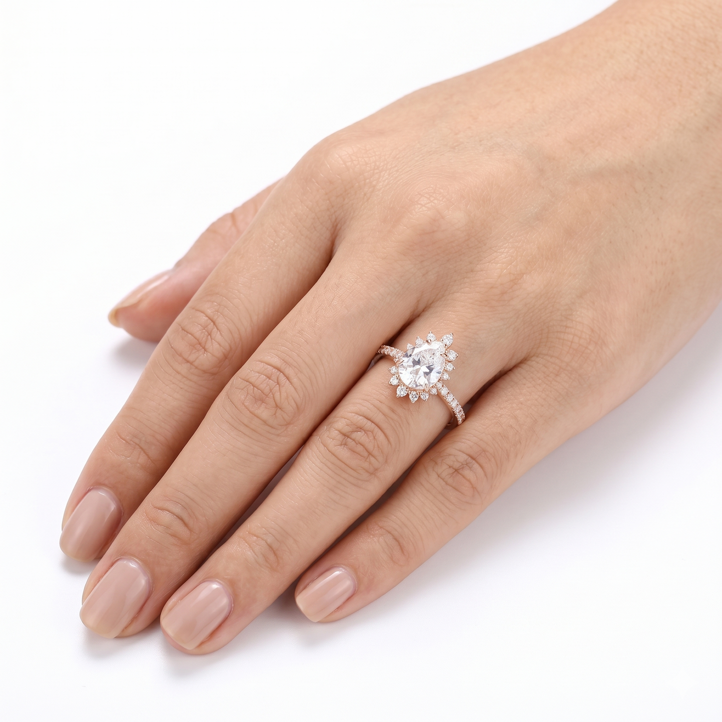 Rose Gold Pear Shaped Moissanite Halo Engagement Ring 1ct