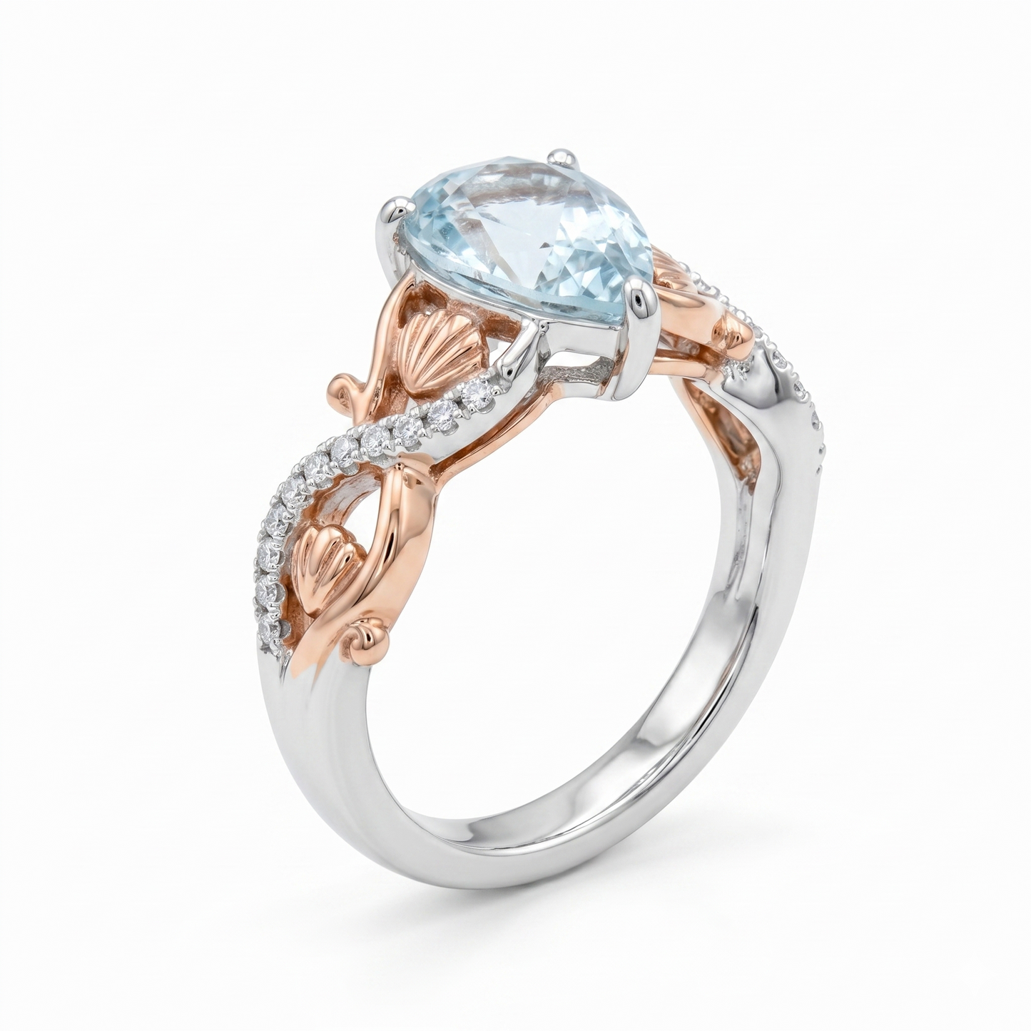 White And Rose Gold Blue Pear Cut Moissanite Engagement Ring 1ct