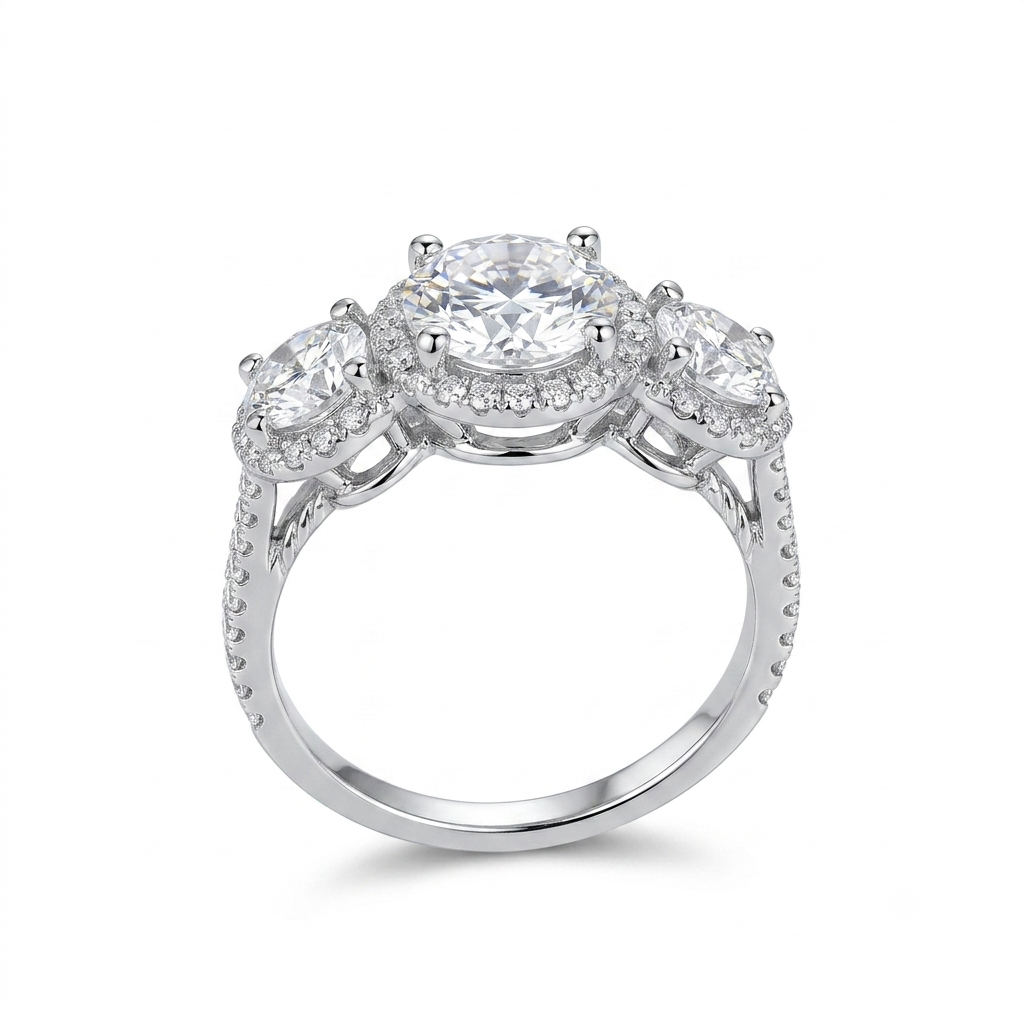 Silver or Gold Moissanite Three Stone Halo Engagement Ring
