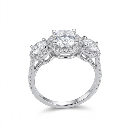 Silver or Gold Moissanite Three Stone Halo Engagement Ring