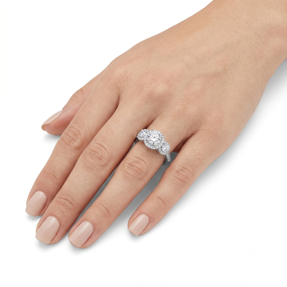Silver or Gold Moissanite Three Stone Halo Engagement Ring