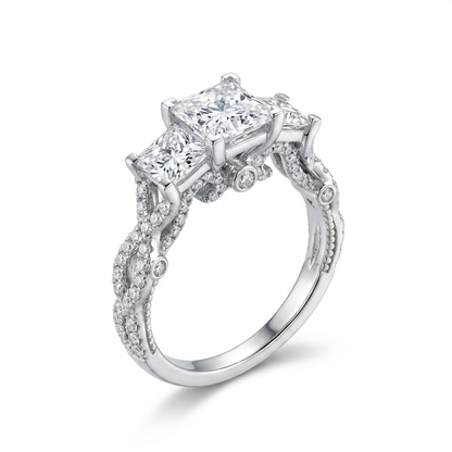 Silver or Gold Princess Cut 3 Stone Moissanite Twist Band Engagement Ring 2.1ctw
