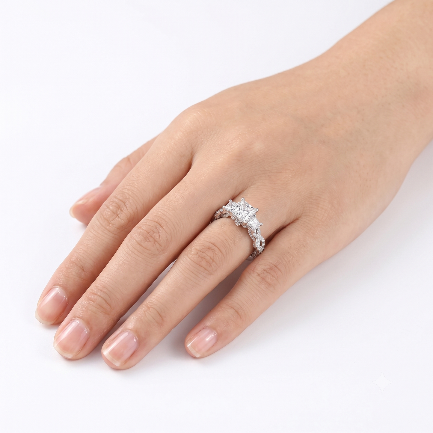 Silver or Gold Princess Cut 3 Stone Moissanite Twist Band Engagement Ring 2.1ctw