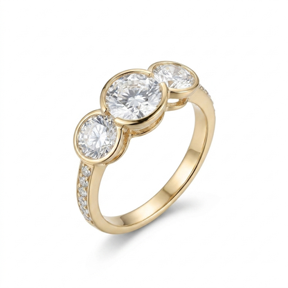 Silver or Gold Moissanite Bezel Set Three Stone Engagement Ring