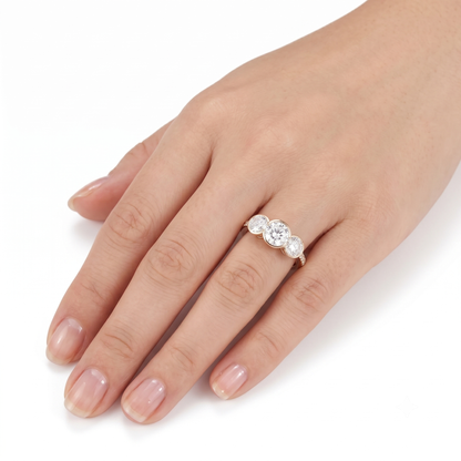 Silver or Gold Moissanite Bezel Set Three Stone Engagement Ring
