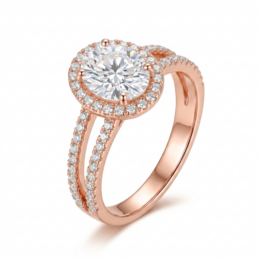 14k Rose Gold Moissanite Engagement Rings | Oval Moissanite Halo Ring