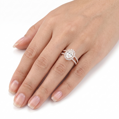 14k Rose Gold Moissanite Engagement Rings | Oval Moissanite Halo Ring