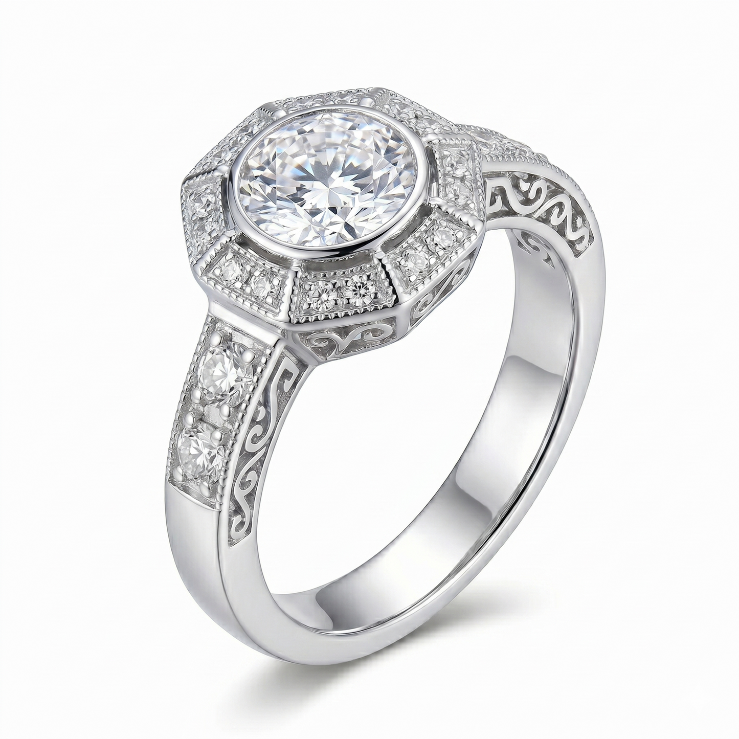 Silver or Gold Filigree Moissanite Milgrain Engagement Ring 1ct