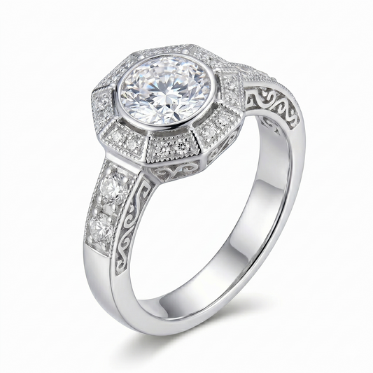 Silver or Gold Filigree Moissanite Milgrain Engagement Ring 1ct