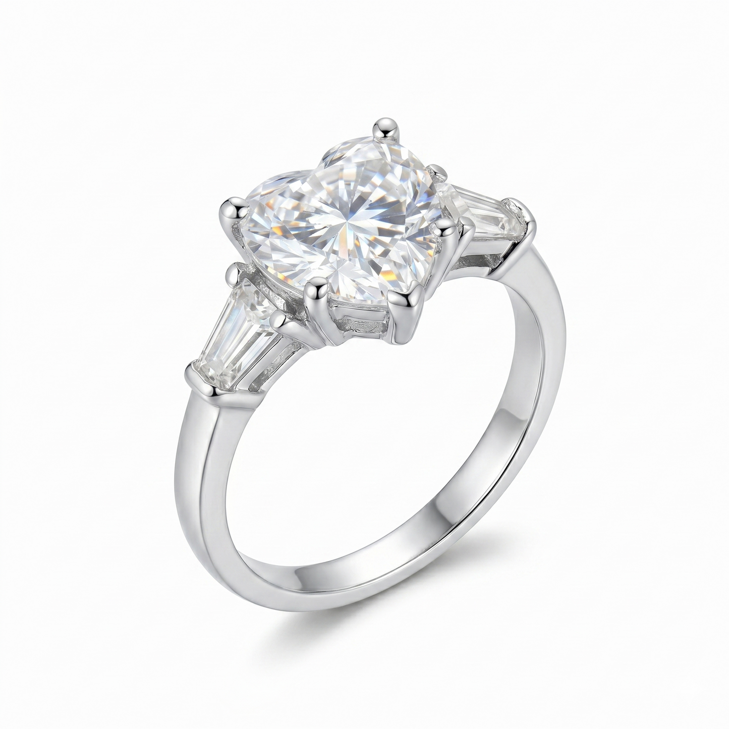 Silver or Gold Heart Shaped Three Stone Moissanite Engagement Ring 2ct