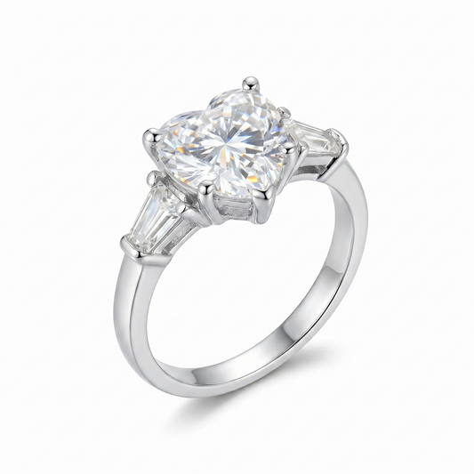Silver or Gold Heart Shaped Three Stone Moissanite Engagement Ring 2ct