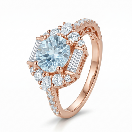 Silver or Gold Moissanite Accents Birthstone Aquamarine Engagement Ring