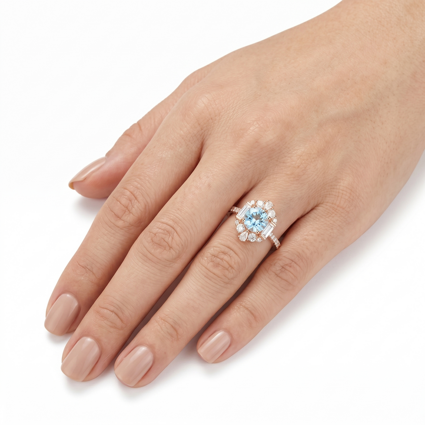 Silver or Gold Moissanite Accents Birthstone Aquamarine Engagement Ring