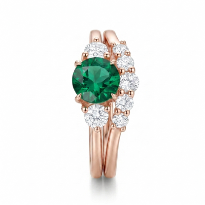 Rose Gold Emerald Three Stone Moissanite Bridal Set