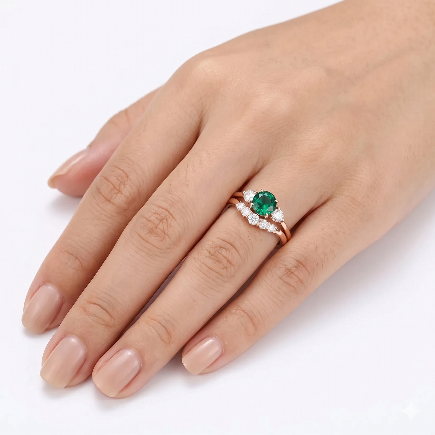Rose Gold Emerald Three Stone Moissanite Bridal Set