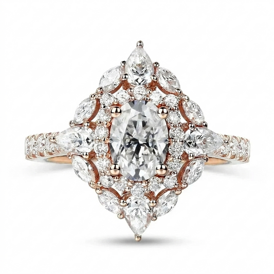 Rose Gold Oval Cut Double Halo Moissanite Engagement Ring 1.25ct