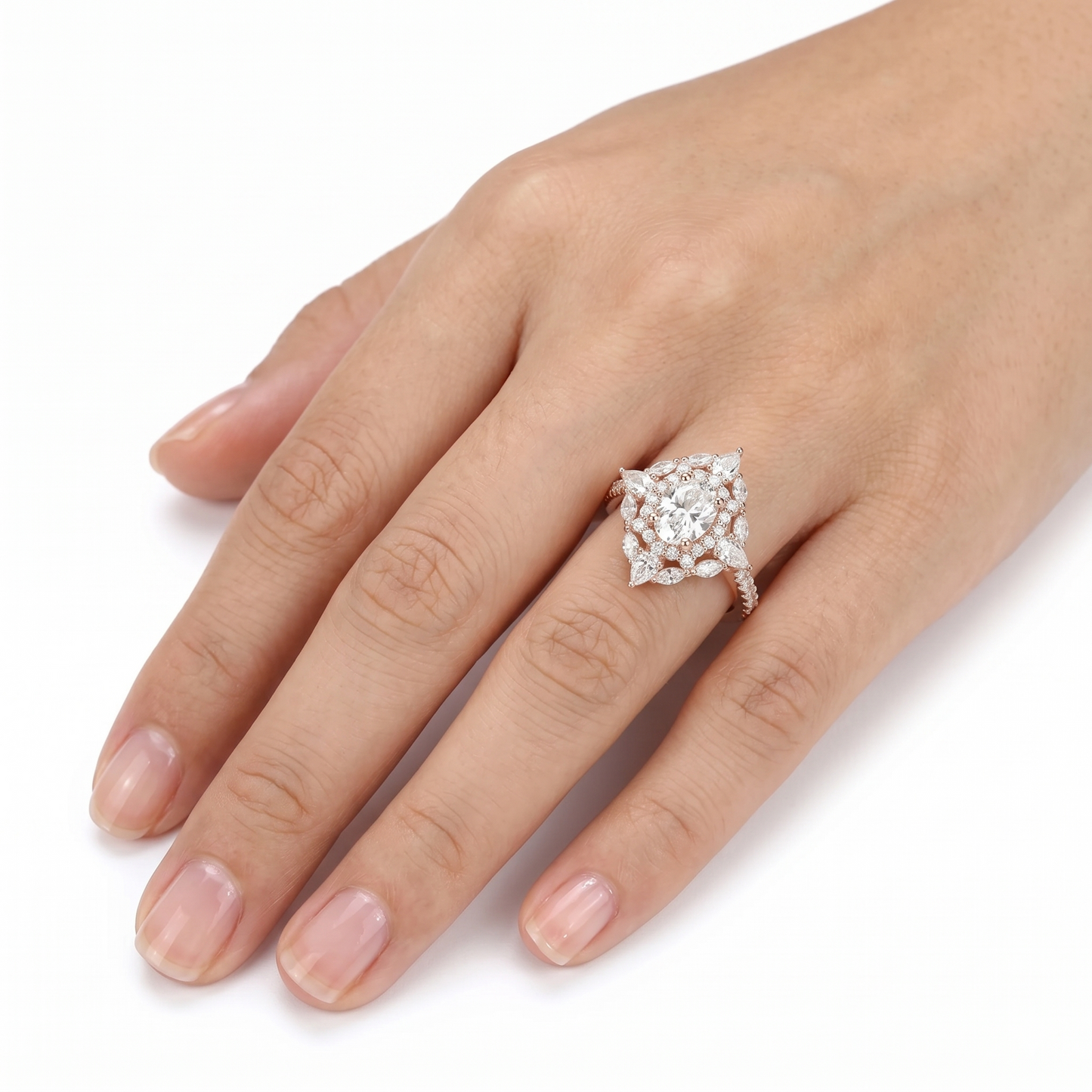 Rose Gold Oval Cut Double Halo Moissanite Engagement Ring 1.25ct