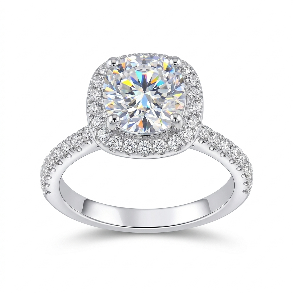 White Gold Plated Silver Halo Moissanite High Quality Ring 1ct Center Stone