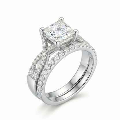 Silver or Gold Princess Cut Moissanite Twist Engagement Ring Set 1ct