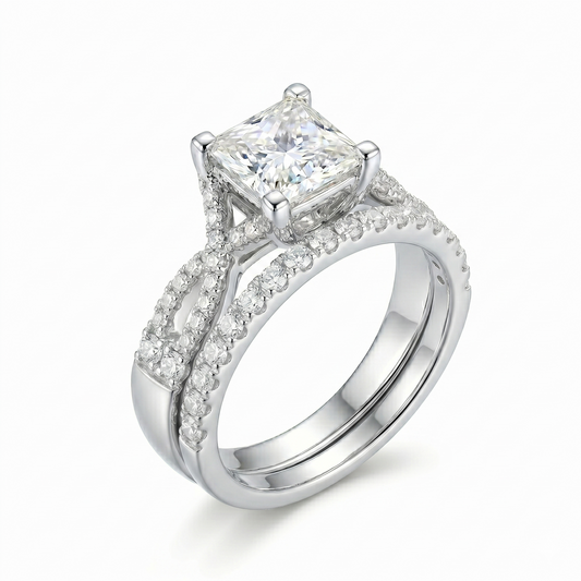 Silver or Gold Princess Cut Moissanite Twist Engagement Ring Set 1ct