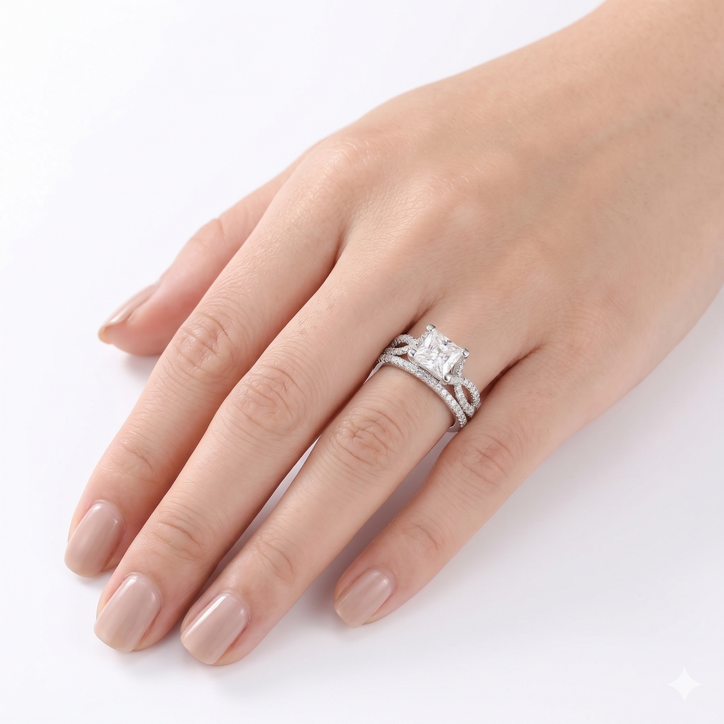 Silver or Gold Princess Cut Moissanite Twist Engagement Ring Set 1ct