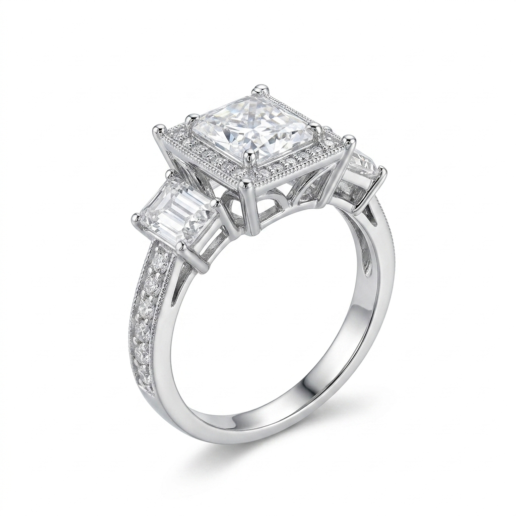 Silver or Gold Radiant Cut Center Stone 2ct, Emerald Cut .5ct Moissanite Engagement Ring