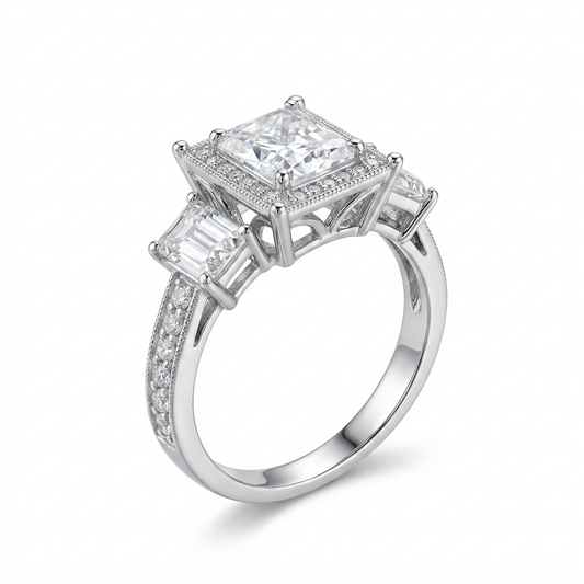 Silver or Gold Radiant Cut Center Stone 2ct, Emerald Cut .5ct Moissanite Engagement Ring