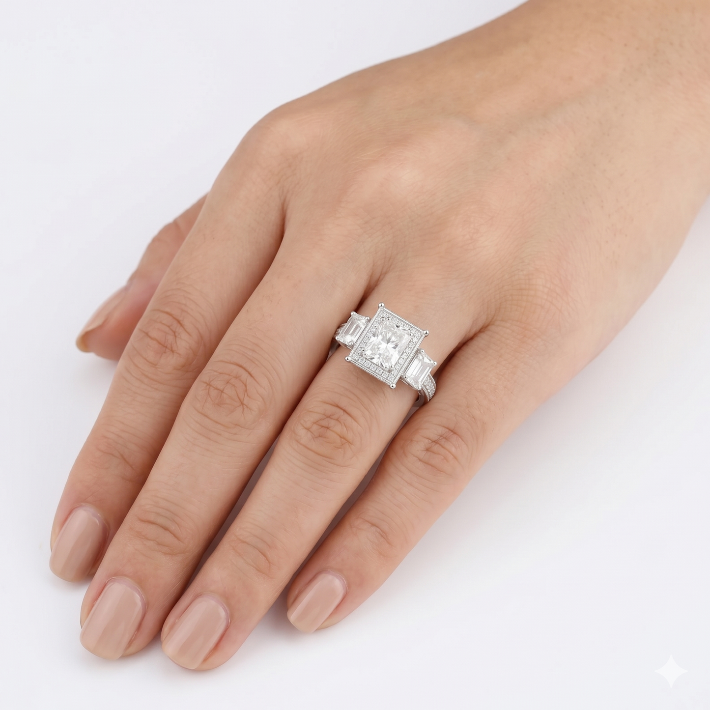 Silver or Gold Radiant Cut Center Stone 2ct, Emerald Cut .5ct Moissanite Engagement Ring