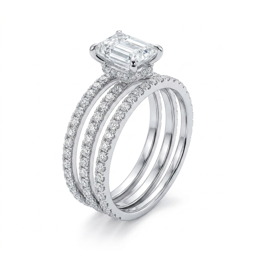 Silver or Gold Emerald Cut Hidden Halo Moissanite Engagement Ring 2ct