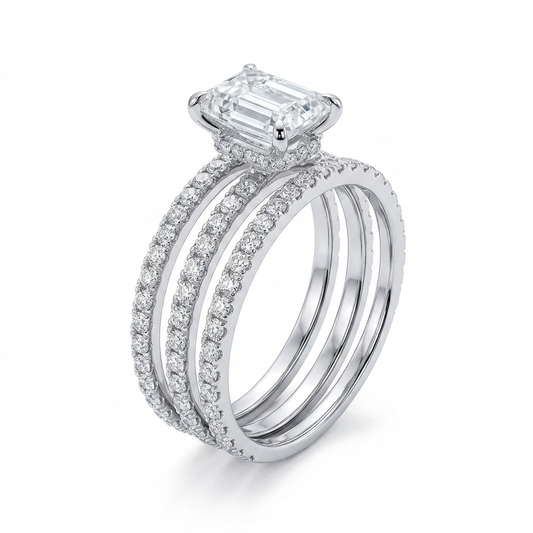 Silver or Gold Emerald Cut Hidden Halo Moissanite Engagement Ring 2ct