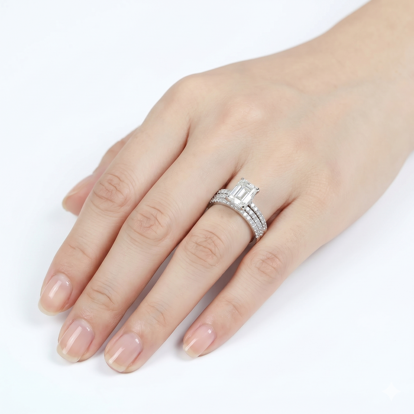 Silver or Gold Emerald Cut Hidden Halo Moissanite Engagement Ring 2ct