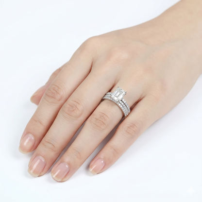 Silver or Gold Emerald Cut Hidden Halo Moissanite Engagement Ring 2ct