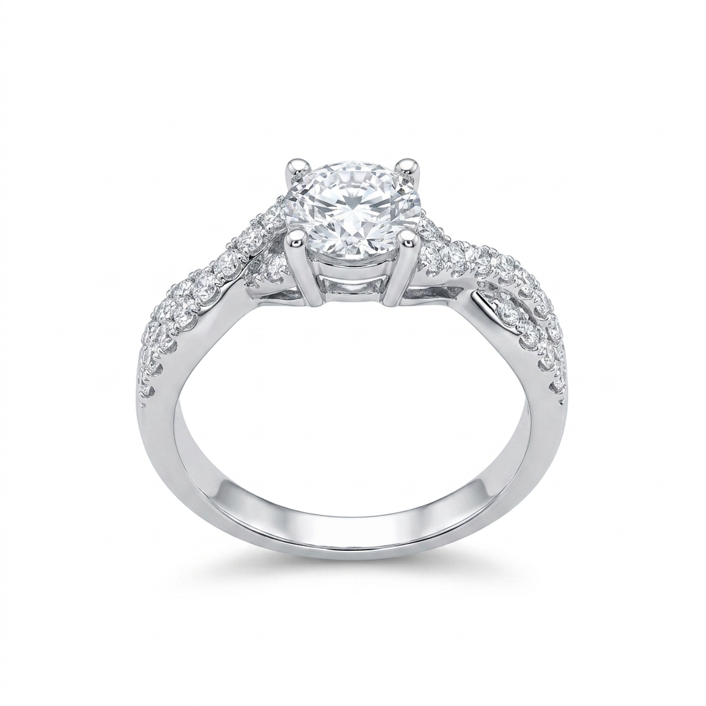 PLATINUM PLATED SILVER THROUGH THICK AND THIN RING 1CT MOISSANITE W/ TWISTED BAND AND POETRY CARD