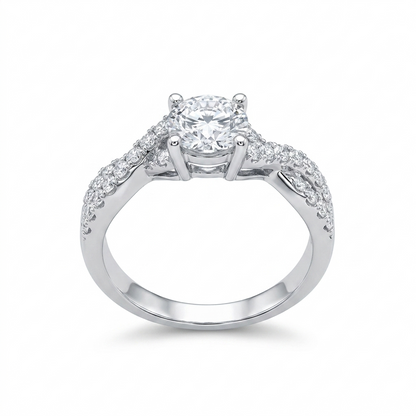 PLATINUM PLATED SILVER THROUGH THICK AND THIN RING 1CT MOISSANITE W/ TWISTED BAND AND POETRY CARD