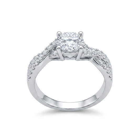PLATINUM PLATED SILVER THROUGH THICK AND THIN RING 1CT MOISSANITE W/ TWISTED BAND AND POETRY CARD