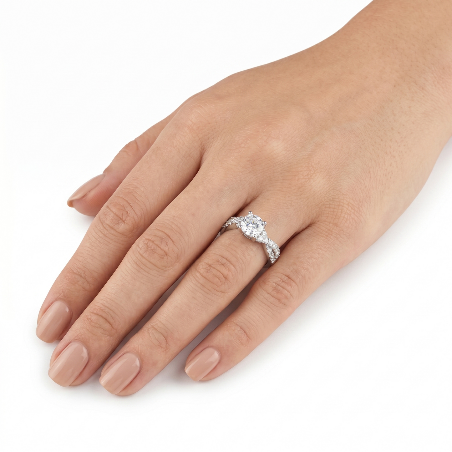 PLATINUM PLATED SILVER THROUGH THICK AND THIN RING 1CT MOISSANITE W/ TWISTED BAND AND POETRY CARD