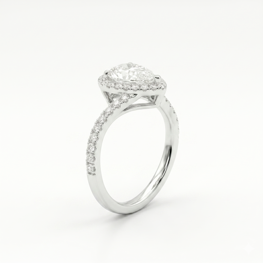 PLATINUM PLATED SILVER THROUGH THICK AND THIN RING 1CT PEAR SHAPED MOISSANITE W/ POETRY CARD