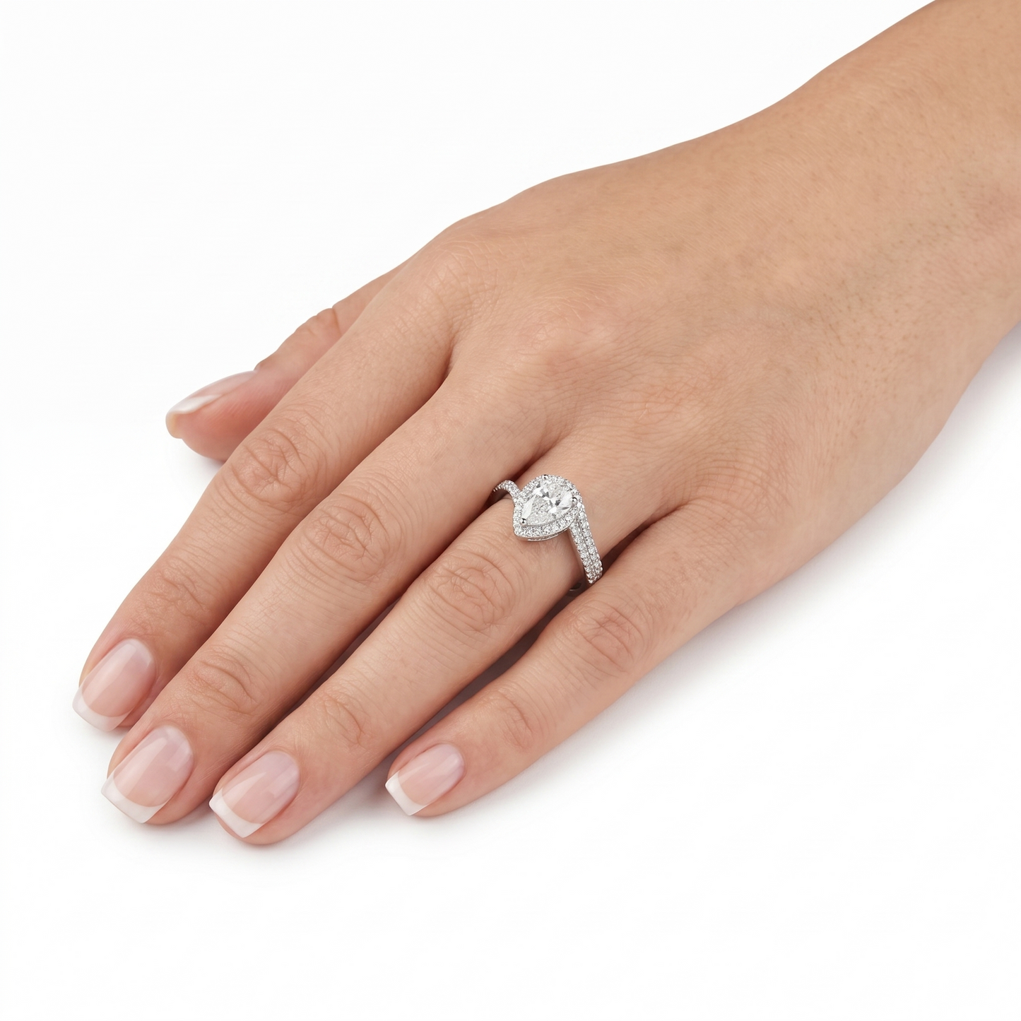 PLATINUM PLATED SILVER THROUGH THICK AND THIN RING 1CT PEAR SHAPED MOISSANITE W/ POETRY CARD