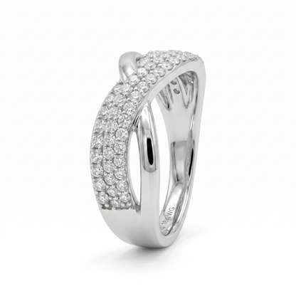 PLATINUM PLATED SILVER THROUGH THICK AND THIN CRISS CROSS MOISSANITE RING W/ HIGH POLISH AND POETRY CARD