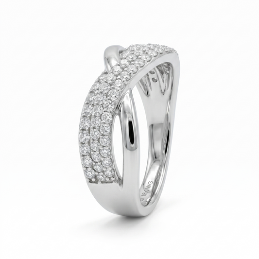 PLATINUM PLATED SILVER THROUGH THICK AND THIN CRISS CROSS MOISSANITE RING W/ HIGH POLISH AND POETRY CARD