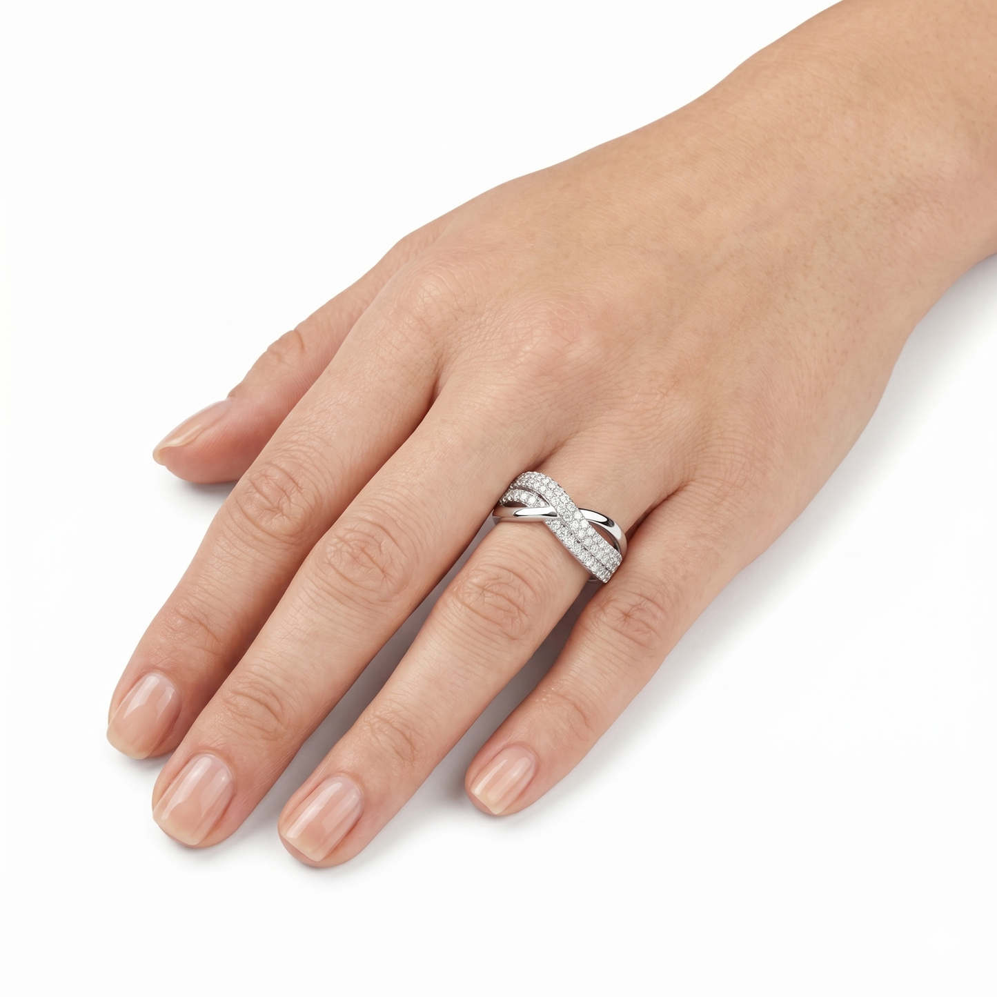 PLATINUM PLATED SILVER THROUGH THICK AND THIN CRISS CROSS MOISSANITE RING W/ HIGH POLISH AND POETRY CARD